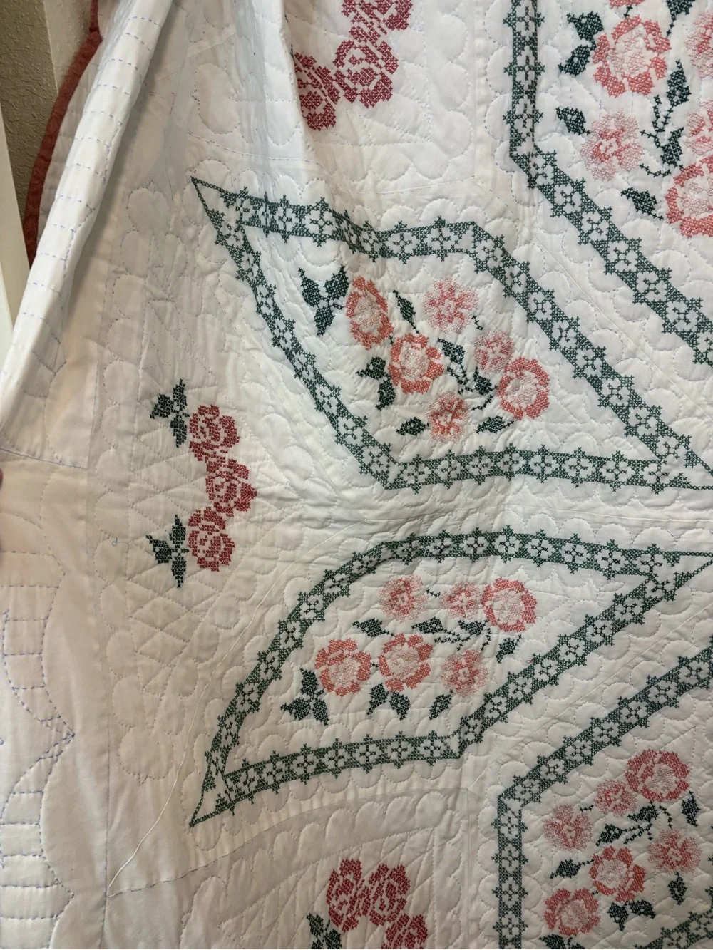Handmade White Floral cross stitch queen size quilt with Pink Roses & Green Acce